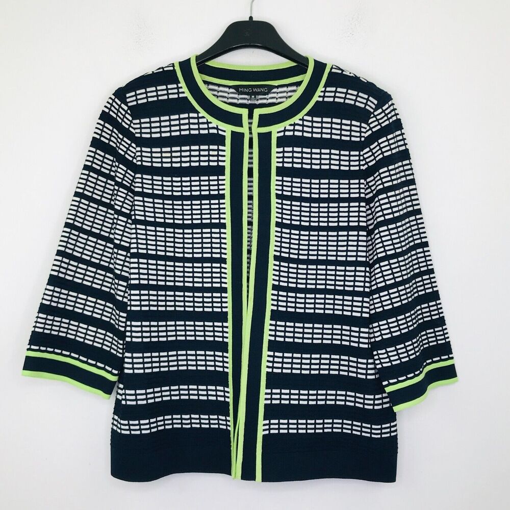 Ming Wang Women's Medium Cardigan Sweater Black White Open Front Acrylic BZ28